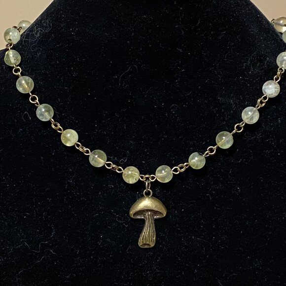 Natural Yellow Green Prehnite Necklace, Bronze Slim Mushroom + Genuine Gemstone - Picture 3 of 16